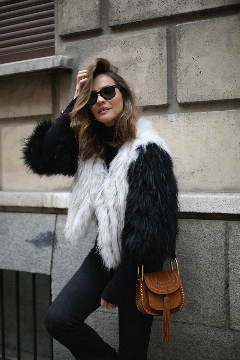 black and white fur coat